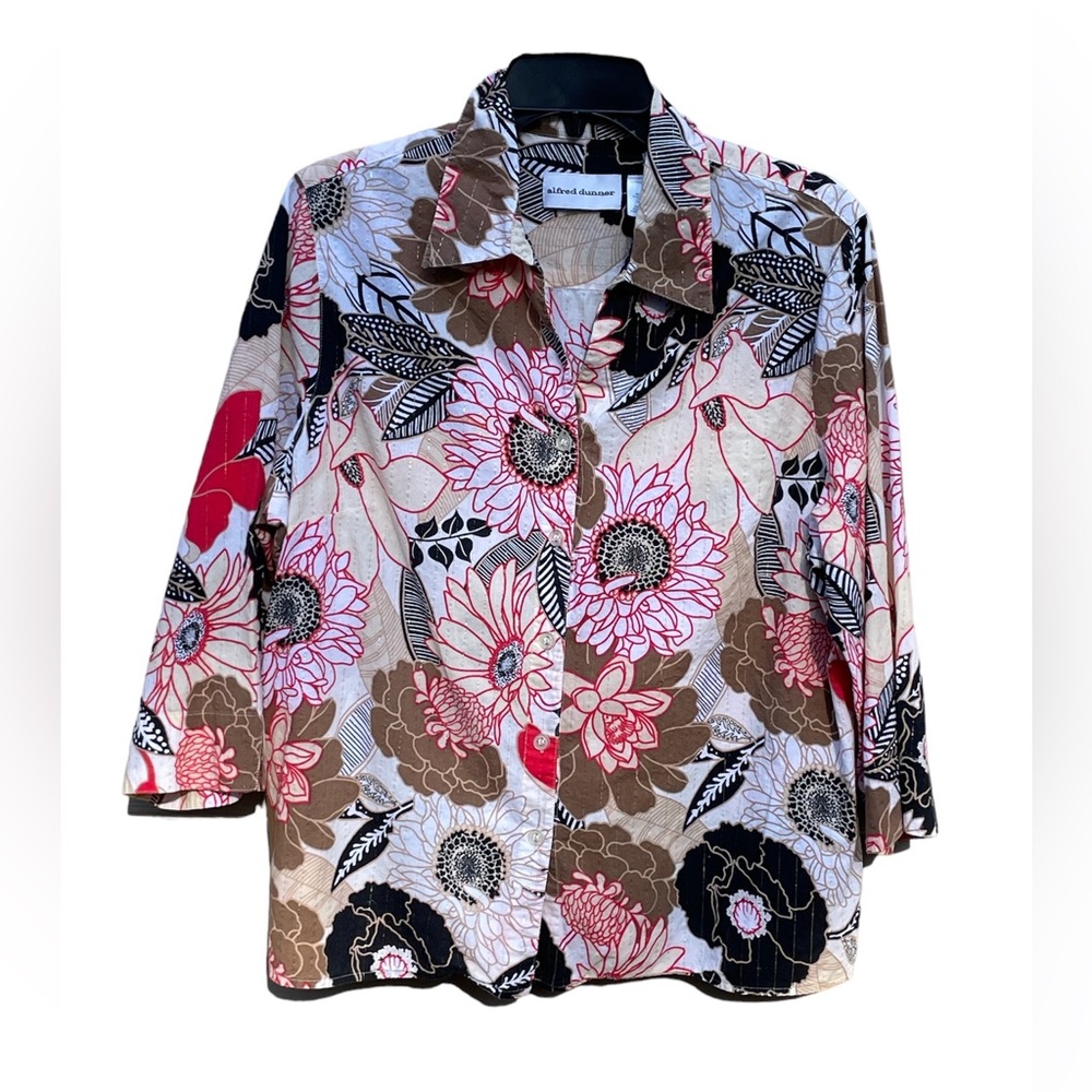 Alfred Dunner Sz 14 Button Down Blouse Floral Cream Black Red Shimmer Gold
